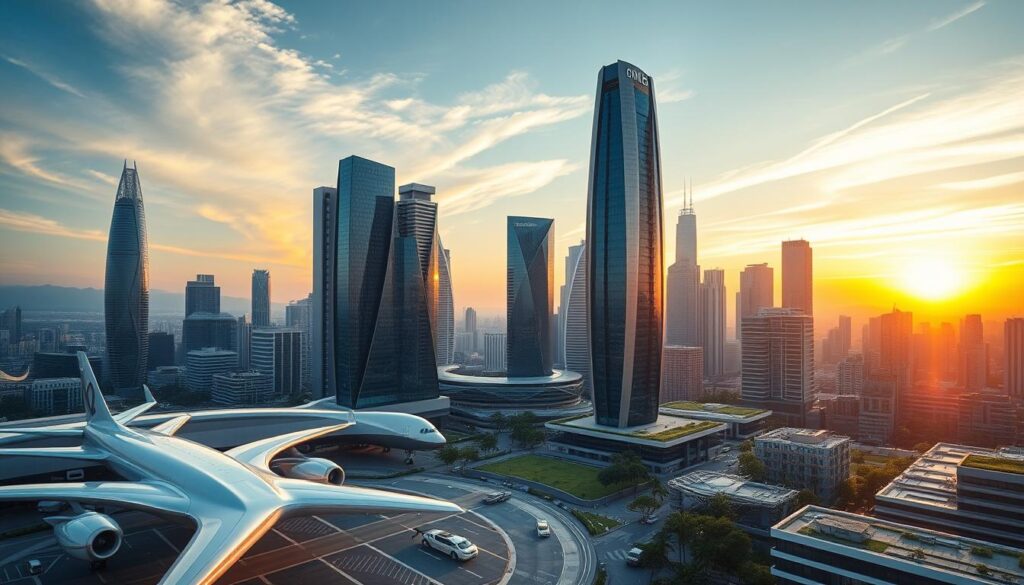 A breathtaking future cityscape, bathed in the warm glow of a setting sun. In the foreground, a bustling transportation hub with sleek, futuristic aircraft and autonomous vehicles. Towering, eco-friendly skyscrapers stretch towards the sky, their glass facades reflecting the changing colors of the horizon. Amidst the urban landscape, lush green spaces and rooftop gardens hint at the integration of nature and technology. The scene exudes a sense of innovation, connectivity, and a progressive vision for the travel experience of 2025.