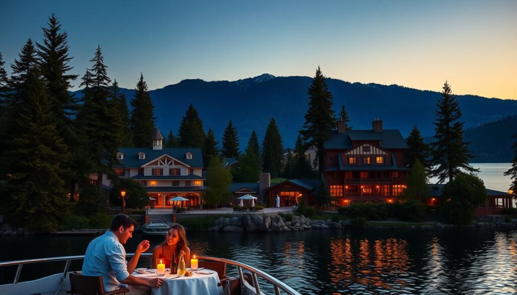 A breathtaking lakeside resort nestled among towering evergreens, bathed in the warm glow of a setting sun. In the foreground, a couple share a romantic candlelit dinner aboard a luxurious cruise ship, their faces illuminated by the dancing flames. The middle ground reveals a picturesque boutique hotel, its charming architecture and lush gardens beckoning couples to escape the world. In the background, a majestic mountain range rises, its snow-capped peaks mirrored in the tranquil waters. The scene exudes an air of tranquility and intimacy, creating the perfect setting for a memorable romantic getaway.