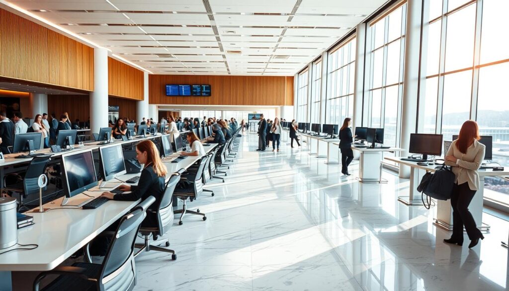 A bright and airy flight booking office, bathed in warm natural light streaming through large panoramic windows. Rows of modern workstations line the polished marble floors, each equipped with sleek computer screens and touchpads. Travel agents, clad in crisp professional attire, assist customers in navigating the intricacies of flight schedules and pricing. The atmosphere is one of efficiency and anticipation, with a subtle backdrop of bustling activity and the gentle hum of keyboards. A sense of excitement and possibility permeates the space, as travelers embark on their journeys to distant destinations.