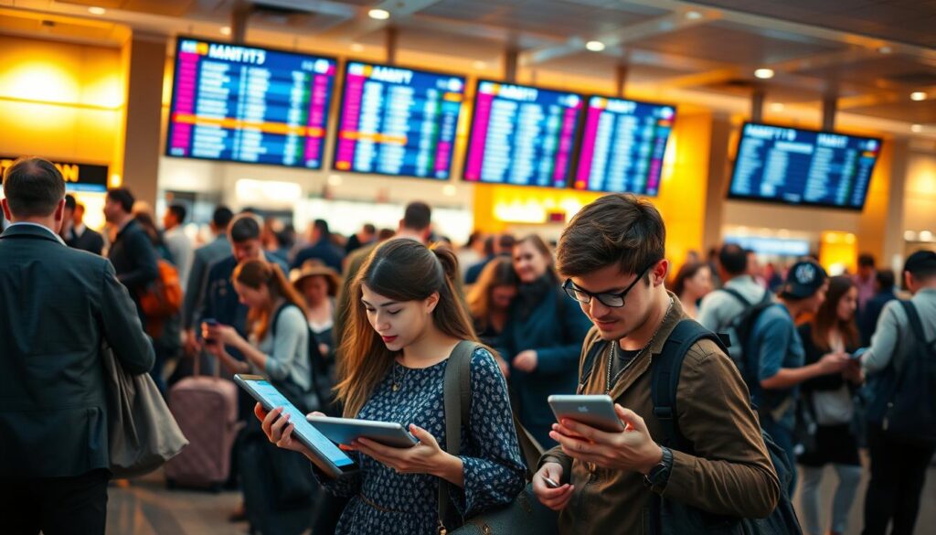 A bustling airport lounge with travelers eagerly poring over tablets and phones, mapping out itineraries and booking tickets on the fly. Warm, ambient lighting casts a golden glow, creating a sense of anticipation and adventure. In the foreground, a young couple animatedly discussing their options, hands gesturing as they explore last-minute deals. The middle ground features a diverse mix of businesspeople, families, and solo voyagers, all lost in their own spontaneous travel planning. In the background, large departure boards display a constantly changing array of flight information, adding to the energy and dynamism of the scene. The overall atmosphere is one of excitement, opportunity, and the thrill of the unknown, capturing the essence of spontaneous travel planning.