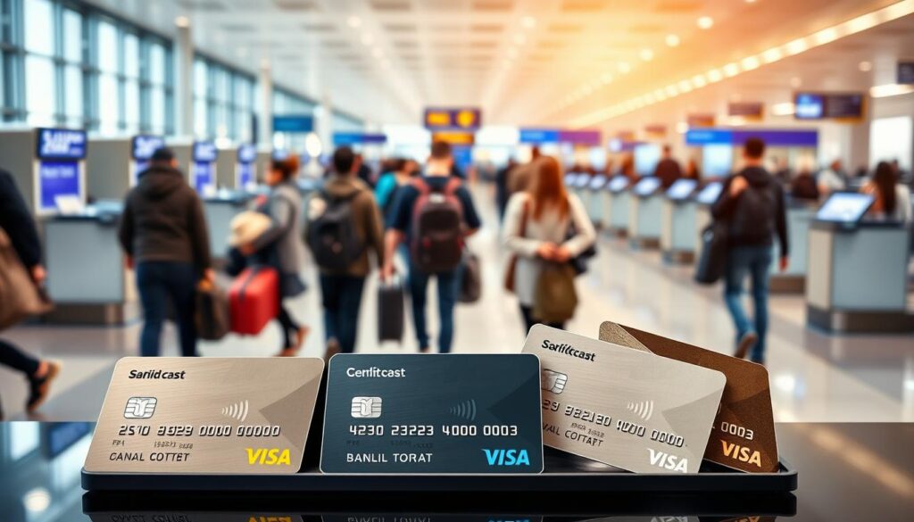 A bustling airport terminal, with travelers rushing past sleek, modern check-in counters. In the foreground, a visually striking display showcases various credit cards, their logos and designs prominently featured. The cards are arranged in a dynamic, eye-catching layout, hinting at the financial advantages they offer for discounted airfare. The lighting is crisp and clean, casting a warm, inviting glow that highlights the cards' metallic finishes. The background is blurred, creating a sense of depth and focus on the central financial products. The overall mood is one of efficiency, convenience, and the promise of substantial savings for the savvy traveler.