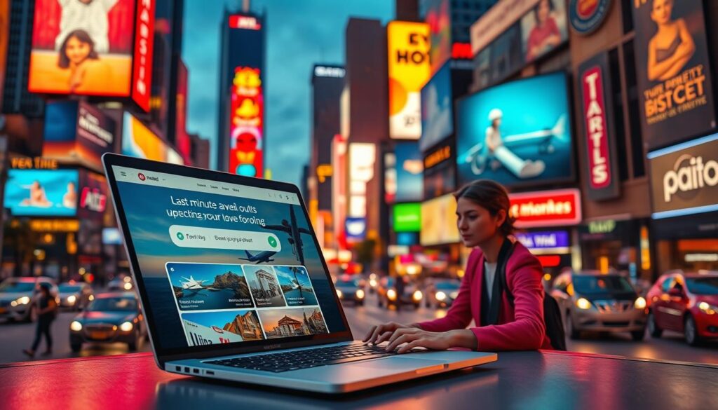 A bustling city skyline at dusk, with vibrant neon signs and billboards advertising last-minute travel deals. In the foreground, a sleek, modern laptop displays a user-friendly website showcasing flight and hotel discounts, with enticing imagery of exotic destinations. The mid-ground features a well-dressed person enthusiastically booking a spontaneous getaway, while the background captures the energy and excitement of a thriving urban center, hinting at the possibilities of unexpected adventures. Warm, saturated lighting and a cinematic, slightly wide-angle perspective create a visually compelling and aspirational scene.