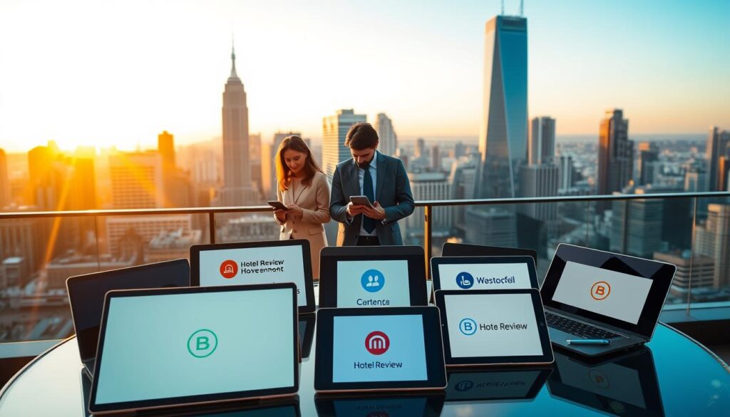 A bustling city skyline at golden hour, the warm glow of sunset illuminating a collection of laptop screens and mobile devices arranged on a glass-topped table. In the foreground, various hotel review platform logos and icons are prominently displayed, their sleek designs and vibrant colors drawing the viewer's attention. The middle ground features well-dressed travelers intently scrolling through reviews, carefully weighing their options. In the background, the silhouettes of high-rise buildings and the distant hum of urban life create a sense of context and setting. The scene conveys a mood of informed decision-making, with the hotel review platforms serving as trusted tools for discerning travelers seeking the perfect accommodations.