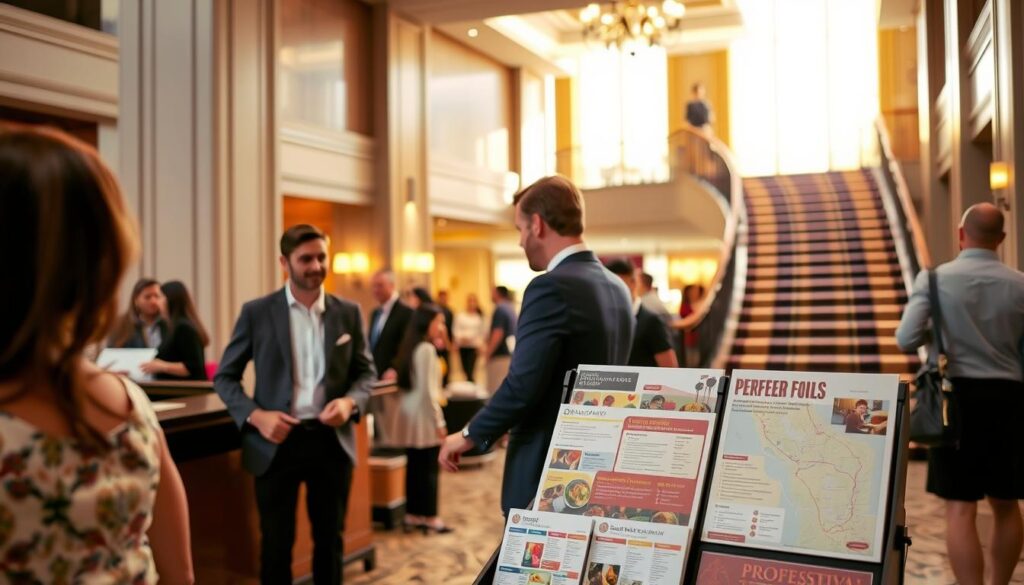A bustling hotel lobby, the air abuzz with the excitement of impending food adventures. In the foreground, a well-dressed couple stands at the check-in counter, eagerly discussing their itinerary for the weekend's local food festival. The middle ground showcases a vibrant display of brochures and maps, guiding guests towards the event's most tantalizing culinary offerings. In the background, a grand staircase leads up to the accommodations, promising a luxurious respite between indulgent meals. Warm, golden lighting filters through large windows, creating a cozy and inviting atmosphere. A sense of anticipation and discovery permeates the scene, capturing the essence of booking the perfect hotel for a food festival weekend getaway.