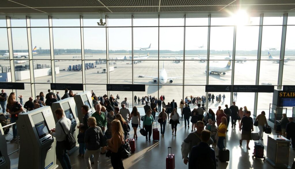A bustling international airport terminal, flooded with natural light streaming through large windows. In the foreground, a group of travelers wait at a row of self-service kiosks, efficiently checking in and booking their flights. In the middle ground, a diverse crowd navigates the open concourse, some hurrying to their gates, others browsing duty-free shops and cafes offering affordable snacks and beverages. The background is a panoramic view of the tarmac, with sleek, modern aircraft taking off and landing, symbolizing the speed and convenience of inexpensive air travel in the year 2025.