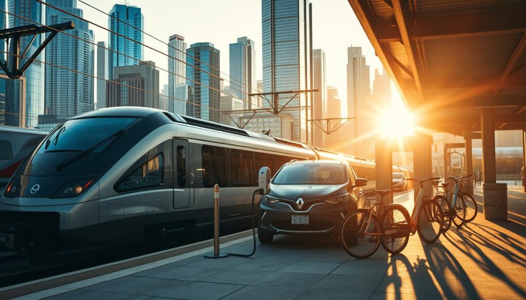 A bustling transportation hub with various modes of travel converging - a high-speed train pulling into the station, a sleek electric car charging at a curbside station, and a few bicycles parked nearby. The scene is bathed in warm, golden afternoon light, casting long shadows and creating a sense of energy and efficiency. In the background, a modern cityscape with towering skyscrapers provides a dynamic, metropolitan backdrop. The composition emphasizes the harmonious integration of different transportation options, conveying the idea of an accessible, environmentally-conscious, and time-saving &quot;weekend warrior&quot; lifestyle.