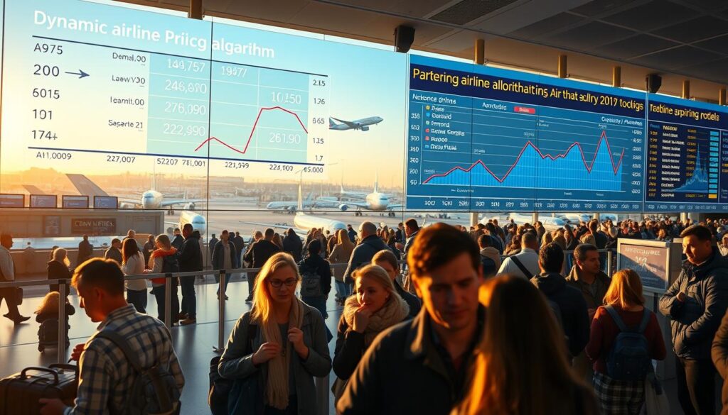 A busy airport terminal during peak travel season, surrounded by digital displays showcasing dynamic airline pricing models. The foreground features a detailed schematic of an airline's surge pricing algorithm, with fluctuating numbers and graphs illustrating the complex relationship between demand, capacity, and fares. In the middle ground, weary travelers queue at check-in counters, their expressions a mix of resignation and frustration as they grapple with the ever-changing ticket prices. The background is a panoramic view of the bustling terminal, with planes taking off and landing against a hazy, golden-hour sky, evoking a sense of both the excitement and the challenges of peak season travel. The lighting is natural and warm, with a cinematic depth of field that draws the viewer's attention to the central pricing visualization. Captured with a wide-angle lens to convey the scale and complexity of the scene.