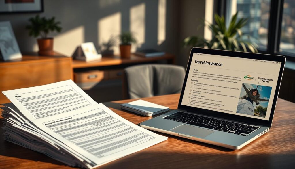 A comprehensive travel insurance guide featuring a realistic stack of paperwork, document folders, and a laptop displaying policy details. Set against a muted, calm office environment with a wooden desk, plants, and a window overlooking a cityscape in the background. Warm, natural lighting casts soft shadows, conveying a sense of trust, professionalism, and attention to detail. The composition emphasizes the importance of thorough travel insurance coverage, with a focus on important policy information related to flight delays and hotel cancellations.