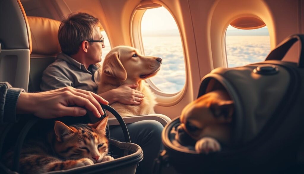 A cozy airliner cabin bathed in warm, golden lighting, with a well-behaved golden retriever sitting obediently next to its owner, both gazing out the window as the clouds drift by below. In the foreground, a cat curled up asleep in its travel carrier, its owner's hand gently resting on top. In the middle ground, a small dog peering curiously from a backpack, its head peeking out. The atmosphere is calm, comfortable, and serene, reflecting the joys of traveling with beloved pets.