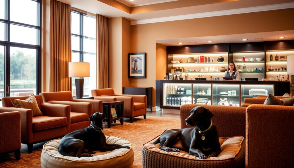 A cozy and inviting hotel lobby with plush armchairs and couches, set against a warm, earthy color scheme. In the foreground, a well-behaved dog lounges comfortably on a soft pet bed, while a receptionist smiles and welcomes guests at the check-in counter. The middle ground features a showcase of pet-friendly amenities, such as bowls, toys, and grooming supplies. In the background, a large window overlooking a tranquil garden or park scene, creating a serene and relaxing atmosphere. The lighting is soft and inviting, casting a gentle glow throughout the space. The overall mood is one of comfort, hospitality, and a welcoming environment for both human and canine travelers.