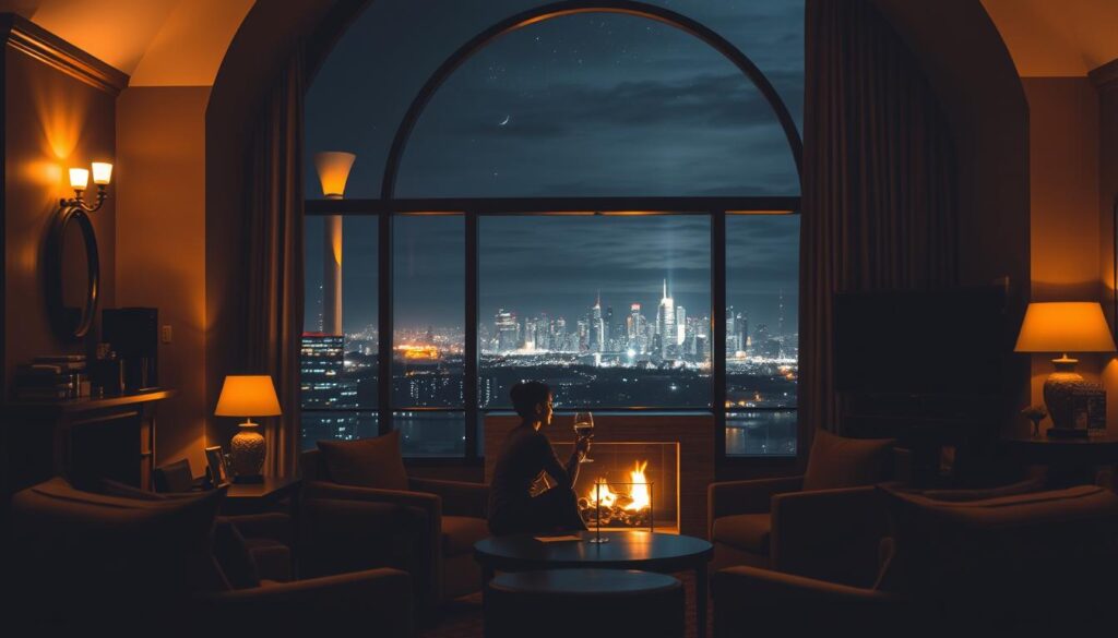 A cozy, dimly lit boutique hotel lobby with plush armchairs, wooden furniture, and warm lighting. In the middle ground, a couple sits by the fireplace, sharing a glass of wine. Through the large arched windows, a picturesque city skyline glows in the distance under a starry, moody night sky. The scene evokes a sense of intimate, romantic ambiance perfect for a couple's getaway.