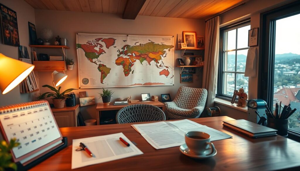 A cozy home office setting, filled with warm lighting and a sense of focused productivity. In the foreground, a wooden desk with a calendar, a cup of coffee, and a pen poised over planning documents. In the middle ground, a map of the world pinned to the wall, surrounded by travel mementos and inspirational photos. The background features a large window overlooking a lush, vibrant cityscape, hinting at the exciting destinations yet to be explored. The overall mood is one of thoughtful preparation, as the scene evokes the meticulous planning that goes into crafting a memorable travel experience.