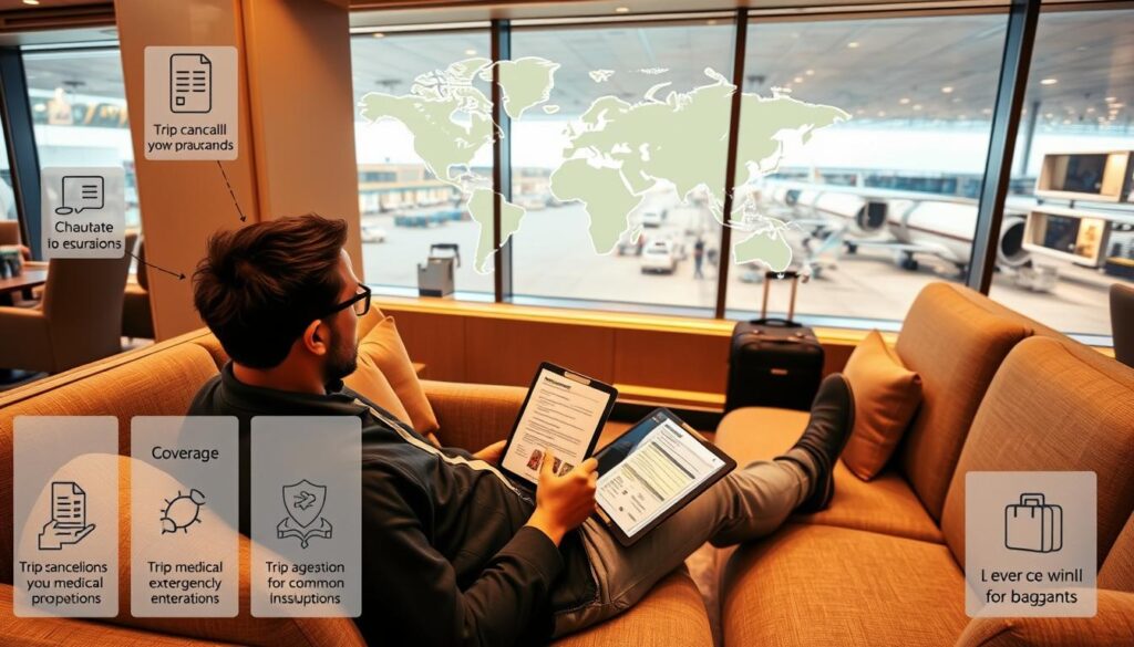A cozy travel lounge with plush seating and warm lighting. In the foreground, a traveler relaxes while reviewing travel insurance documents on a sleek tablet device. Surrounding them, a variety of icons and visuals illustrate key coverage benefits like trip cancellation, medical emergencies, and baggage protection. The middle ground features a large world map, highlighting the global reach of the travel insurance plan. In the background, a panoramic window offers a scenic vista of a busy airport terminal, underscoring the importance of coverage for common travel disruptions. The overall mood is one of security, reassurance, and the peace of mind that travel insurance provides.