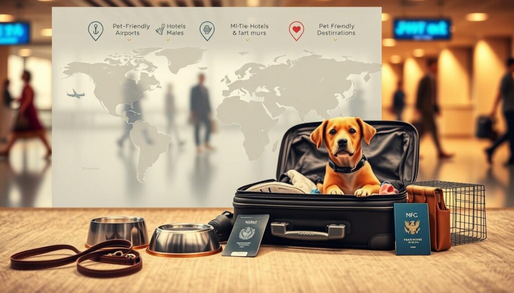 A cozy travel scene showcasing global pet policies and considerations. In the foreground, a well-packed suitcase sits open, with a friendly dog peeking out from inside, tail wagging. Surrounding the suitcase are various pet accessories - a leash, food/water bowls, a travel crate, and a pet passport. In the middle ground, a world map is displayed, with icons highlighting pet-friendly airports, hotels, and destinations. The background features a softly blurred image of an airport departure lounge, with silhouettes of travelers and their pets moving through. Warm, muted lighting creates a serene, inviting atmosphere, conveying the ease and comfort of pet-friendly travel.