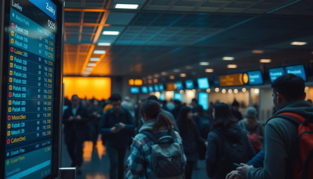 A dimly lit airport terminal, with travelers hurriedly navigating through the bustling crowds. In the foreground, a digital display board showcases an array of low-cost flight options, the prices displayed in bold, eye-catching numerals. The middle ground depicts weary passengers scrutinizing their phones, searching for the best deals. In the background, a subdued lighting scheme casts a warm, inviting glow, creating an atmosphere of anticipation and the promise of an affordable adventure. The scene is captured with a wide-angle lens, emphasizing the scale and energy of the space, while a shallow depth of field draws the viewer's attention to the compelling flight information.