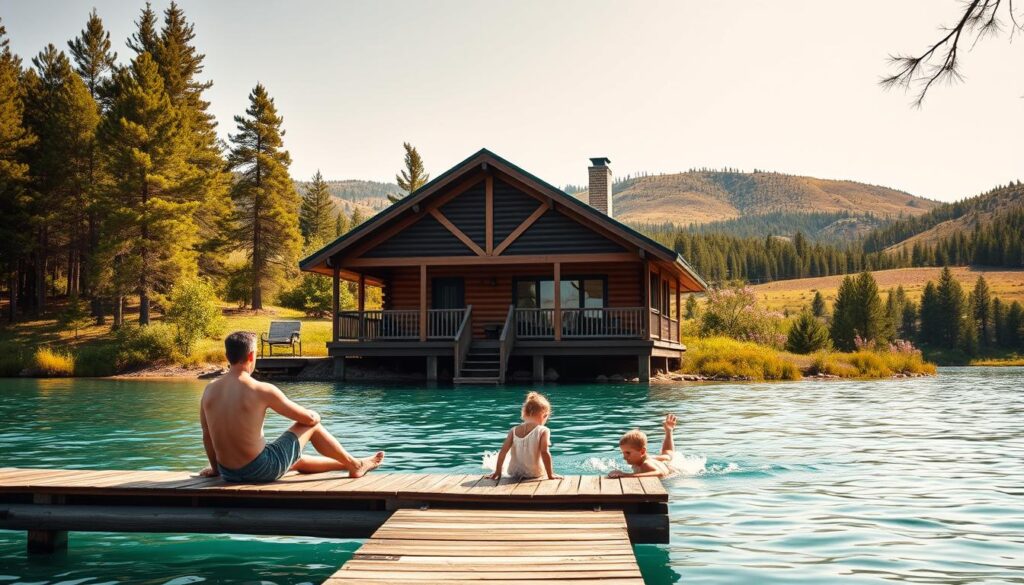 A family of four enjoying a budget-friendly vacation at a scenic lakeside cabin. In the foreground, a father and mother relax on a wooden dock, their young children splashing in the calm, turquoise waters beside them. The cabin, with its rustic timber construction and a wraparound porch, stands in the middle ground, surrounded by lush, verdant pine trees. In the background, rolling hills dotted with wildflowers create a serene, natural backdrop. Soft, warm sunlight filters through the trees, casting a golden glow over the scene. The atmosphere exudes a sense of tranquility, quality time spent together, and an appreciation for the great outdoors without breaking the bank.