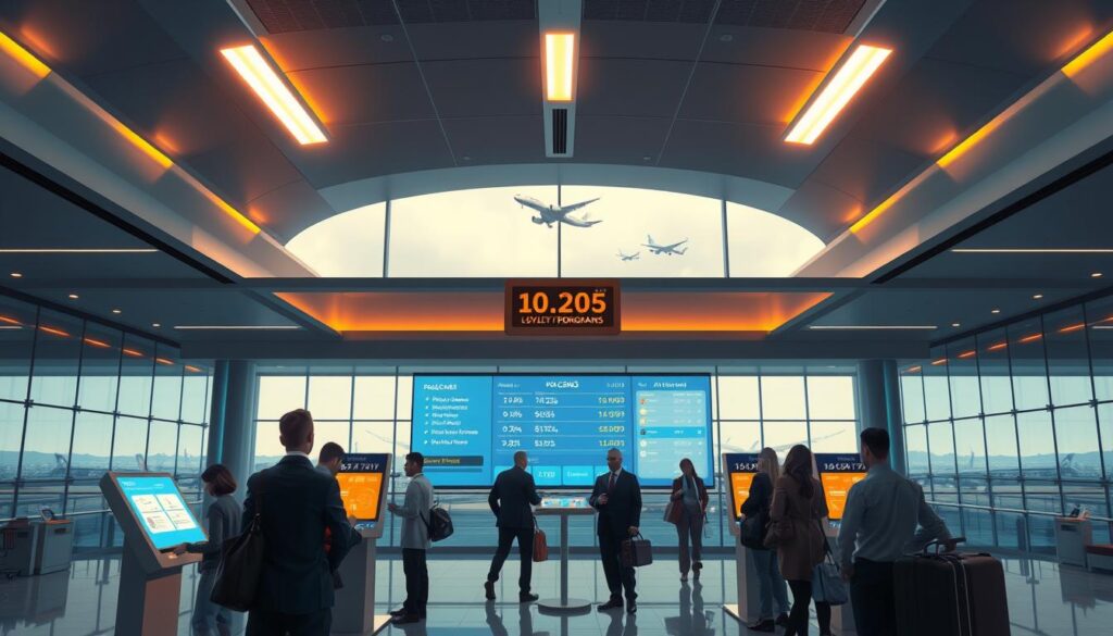 A high-quality illustration of airline loyalty programs in 2025, showcasing a modern and sophisticated airport terminal with sleek architectural design. The foreground features a group of business travelers interacting with digital kiosks, their faces lit by the warm glow of loyalty program interfaces. In the middle ground, a large digital display board presents flight information and loyalty program benefits, while in the background, a panoramic view of the tarmac and planes taking off creates a sense of movement and dynamism. The lighting is a harmonious blend of natural daylight filtering through the terminal's glass walls and strategic, ambient lighting accents. The overall mood is one of efficiency, technology, and the seamless integration of loyalty programs into the air travel experience.