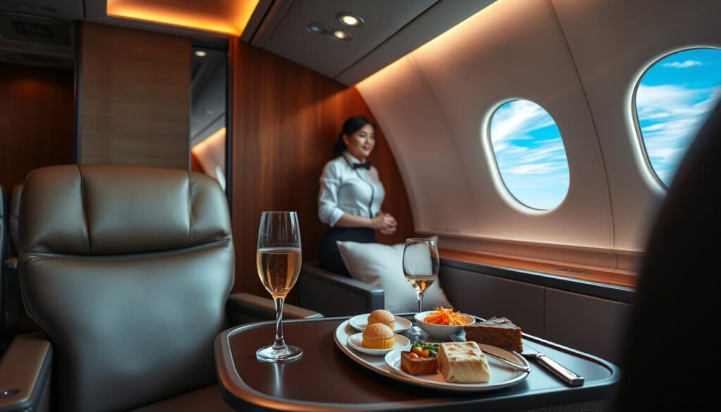 A luxurious first-class airplane cabin with plush leather seats, sleek wood paneling, and subtle ambient lighting. In the foreground, a glass of champagne and a selection of gourmet meals rests on a folding tray table. Outside the window, wispy clouds drift across a vibrant blue sky. In the middle ground, a flight attendant in a crisp uniform offers attentive service. The background is filled with the muted hues of polished metals and elegant upholstery, conveying a sense of refined sophistication and exclusivity.