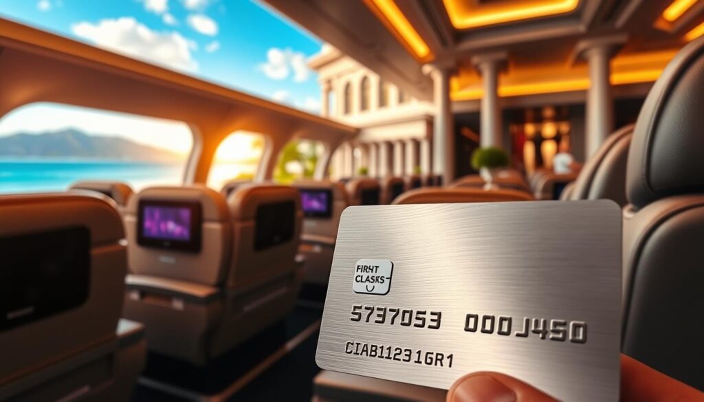 A luxurious first-class cabin interior, filled with plush leather seating and personal entertainment screens. In the foreground, a shiny metal credit card with a rewards program logo glistens under warm, ambient lighting. The middle ground showcases a vibrant, sun-drenched tropical landscape, hinting at the premium travel destinations accessible through the card's benefits. The background features a grand, five-star hotel façade with columns and arched entryways, suggesting the high-end accommodations rewarded by the card's loyalty program. The overall scene conveys a sense of effortless opulence and the seamless integration of credit card rewards into a refined, luxury travel experience.