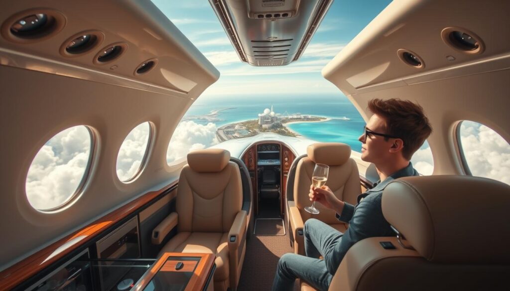 A luxurious private jet soaring against a backdrop of fluffy white clouds, sunlight streaming through the windows. In the foreground, a well-appointed cabin with plush leather seats, a minibar, and high-end amenities. In the middle ground, a young professional relaxing with a glass of champagne, looking out at the breathtaking aerial view. In the background, the distant silhouette of a sprawling 5-star resort nestled amidst palm trees and turquoise waters. Soft, warm lighting creates an atmosphere of effortless sophistication. Captured with a wide-angle lens to emphasize the grandeur and scale of the scene.
