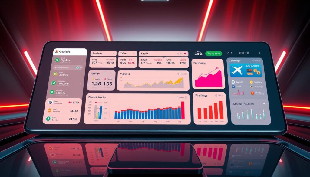 A meticulously designed dashboard display set against a sleek, futuristic backdrop. The interface showcases a range of interactive tools, from flight search menus and price comparison graphs to personalized destination recommendations. Vibrant colors and clean typography create an intuitive and visually striking user experience, hinting at the power of "advanced flight booking techniques" to uncover incredible travel deals. The composition is bathed in warm, directional lighting, capturing the excitement and sense of discovery associated with finding the perfect flight. Subtle reflections on the dashboard surface add depth and a touch of elegance, inviting the viewer to dive into this innovative world of travel hacking.