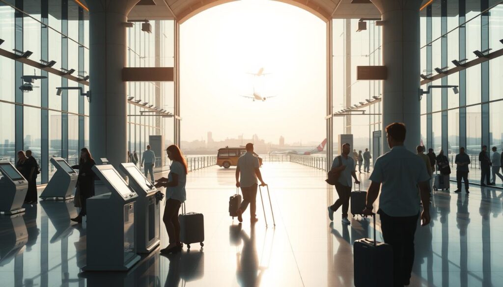 A modern airport terminal, bathed in soft, natural light filtering through the expansive glass walls. In the foreground, travelers seamlessly interact with interactive kiosks and contactless payment terminals, their movements captured by discreet surveillance cameras. In the middle ground, AI-powered luggage scanners and biometric security checks efficiently process passengers, while a fleet of autonomous transport vehicles shuttle people between boarding gates. Distant in the background, the silhouettes of aircraft take off and land, symbolizing the seamless integration of technology into the fabric of the modern travel experience.