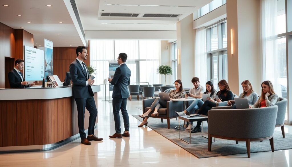 A modern and minimalist hotel lobby, filled with natural light and clean lines. In the foreground, a well-dressed business traveler stands at the concierge desk, speaking with a friendly staff member. They discuss travel options, with brochures and digital screens showcasing nearby attractions and flexible booking policies. In the background, a group of millennials sit in armchairs, relaxed and engaged with their laptops and smartphones, emblematic of the connected, mobile lifestyle. The overall scene conveys a sense of effortless travel flexibility, underscored by the hotel's sophisticated yet inviting atmosphere.