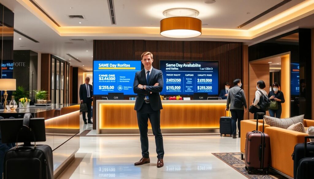 A modern hotel lobby with warm lighting and plush furnishings. In the foreground, a business traveler stands at the front desk, checking in hastily with an eager expression. The middle ground showcases a digital display showing same-day availability and discounted rates. In the background, the lobby is bustling with guests, their luggage and backpacks suggesting a sense of immediacy. The atmosphere conveys a feeling of efficiency and convenience, catering to the needs of last-minute travelers seeking a comfortable overnight stay.