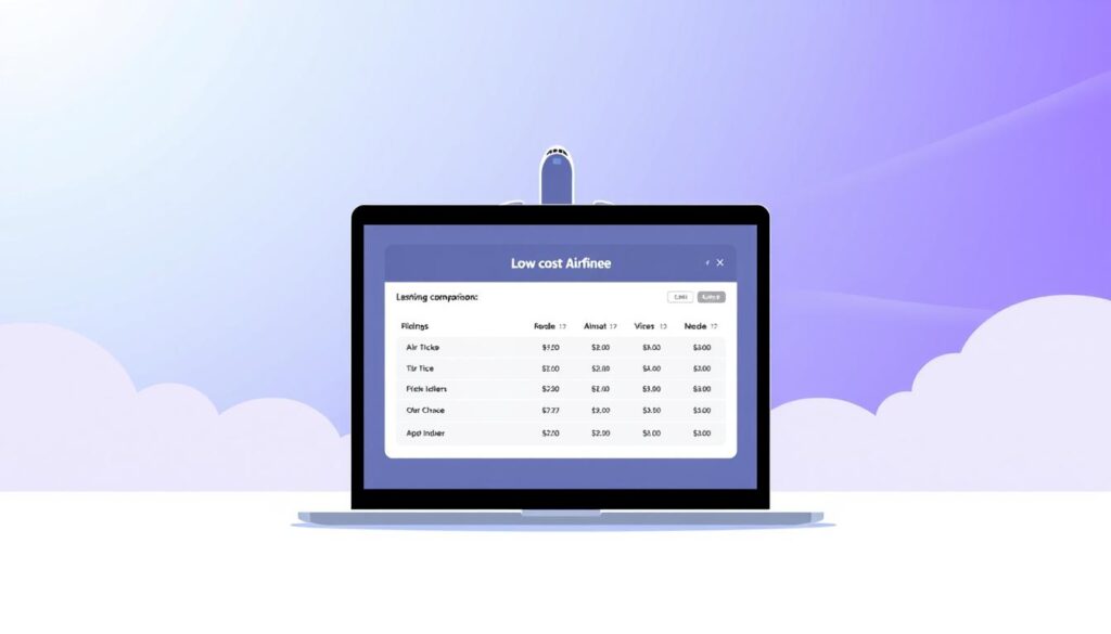 A modern, minimalist illustration depicting a low-cost airfare comparison. In the foreground, a laptop screen displays a simple, clean interface with a price comparison of multiple airline tickets, highlighting the most affordable options. The middle ground features a sleek, stylized airplane silhouette, with wings outstretched, symbolizing the flexible travel options. The background is filled with a soft, gradient sky in shades of blue and purple, conveying a sense of tranquility and efficiency. The overall composition is balanced, with the elements working together to create a visually appealing and informative image.