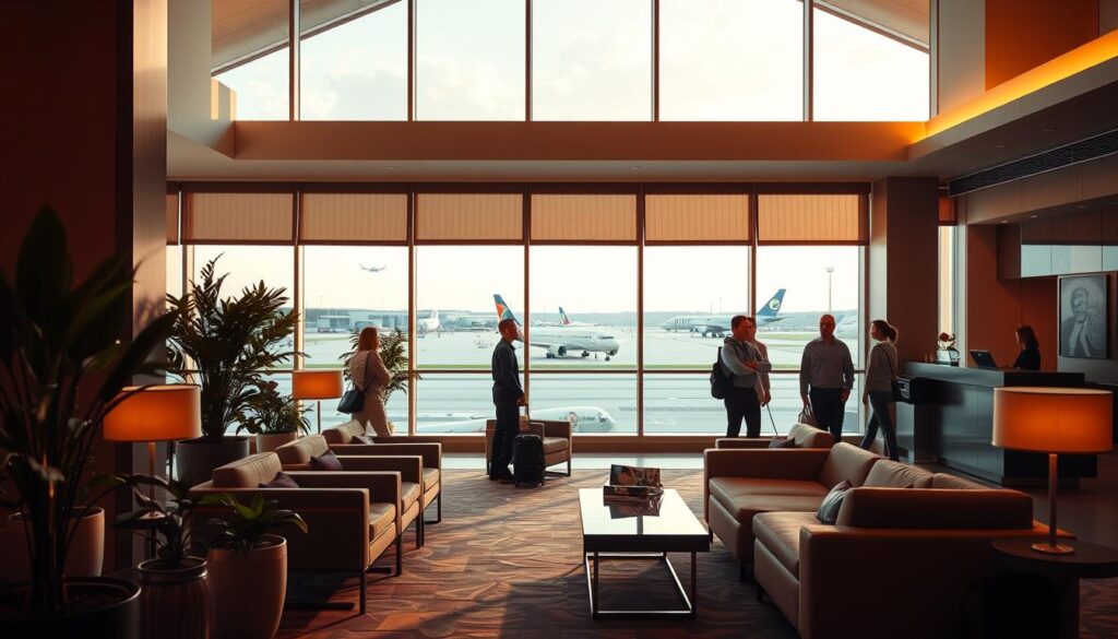 A serene airport hotel lobby bathed in warm, diffused lighting. Comfortable lounge chairs and couches invite weary travelers to relax, while potted plants and modern artwork create a soothing ambiance. In the background, a large window offers a panoramic view of the airport's runways, planes taking off and landing in the distance. A group of passengers chat quietly, their expressions calm and carefree, while the check-in desk stands ready to assist with effortless accommodations. A sense of tranquility and stress-free travel permeates the scene, capturing the essence of an ideal airport hotel experience.