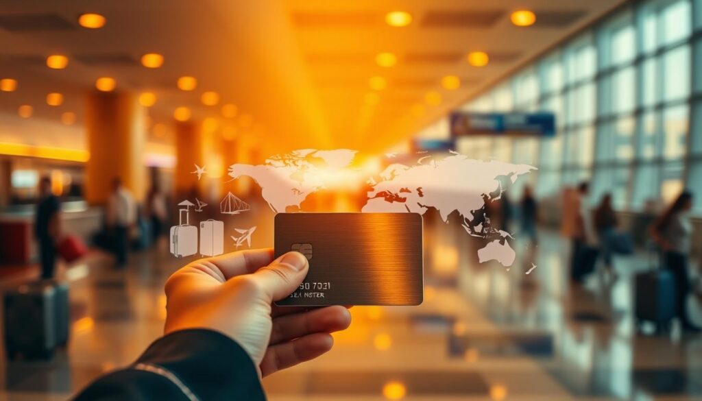 A serene airport lounge, bathed in warm, golden lighting. In the foreground, a traveler's hands hold a sleek metal card, the sheen of its surface reflecting the ambient light. Arrayed behind the card, an array of travel-themed icons - suitcases, airplanes, hotel keys - representing the rewards and benefits of a premium loyalty program. The middle ground features a stylized world map, its continents and oceans rendered in a soft, muted palette, symbolizing the global reach of the rewards. In the background, a blurred vista of departure gates and bustling passengers, conveying the excitement and anticipation of travel. The overall atmosphere is one of sophistication, convenience, and the promise of enriching experiences to come.