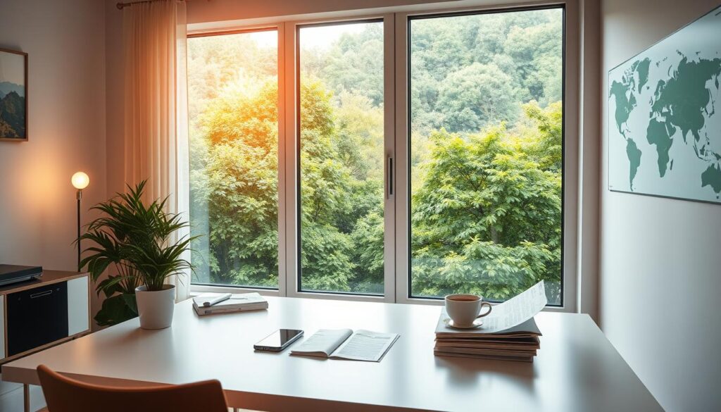 A serene, brightly lit home office with a large window overlooking a lush, verdant landscape. On a clean, minimalist desk, a laptop, a smartphone, and a few neatly organized travel documents are arranged. A potted plant and a cup of tea provide a calming, natural ambiance. The room is bathed in soft, warm lighting, conveying a sense of tranquility and focus. A stylized world map on the wall suggests the joyful anticipation of future adventures. The overall atmosphere evokes a stress-free, organized approach to planning and managing flexible travel arrangements.