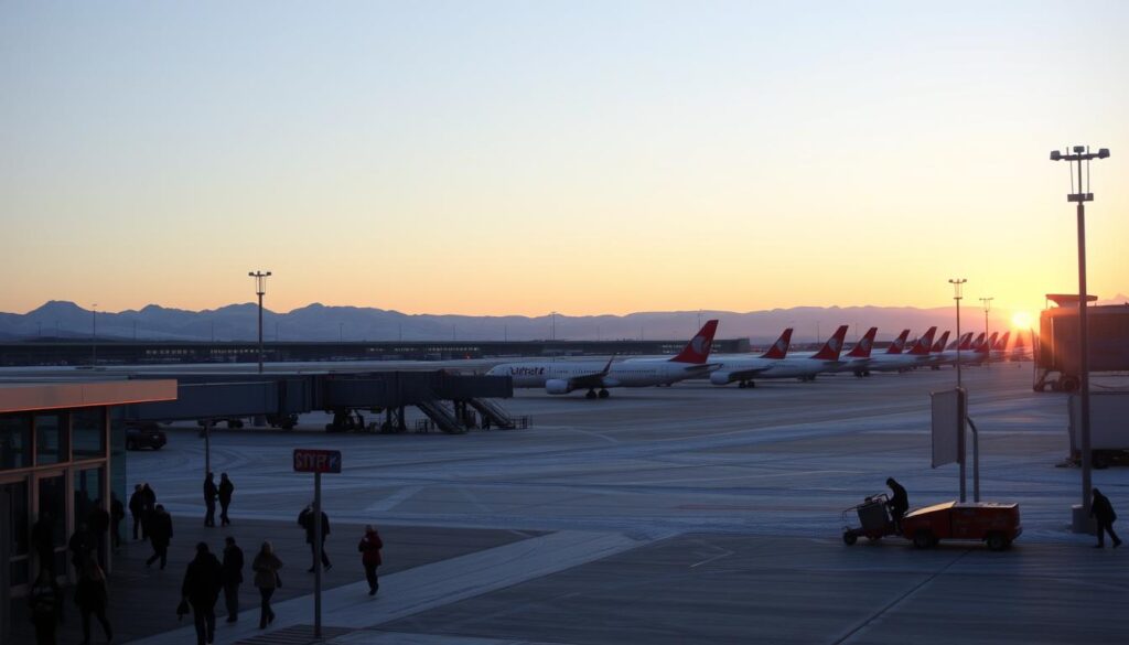 A serene winter landscape at dusk, with a clear sky and a setting sun casting warm hues across the scene. In the foreground, a busy airport terminal with passengers hurrying through the entrance and departure gates. In the middle ground, a row of commercial airliners, their sleek silhouettes illuminated by the fading light, suggesting the ebb and flow of seasonal flight schedules. In the background, a snow-capped mountain range, hinting at the change in travel patterns throughout the year. The scene conveys the fluctuating nature of flight prices, the ebb and flow of travel demand, and the impact of seasonality on the air transportation industry.