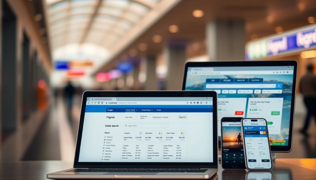 A sleek, modern interface showcasing various flight comparison websites with intuitive search functionalities. The foreground features a laptop or tablet device displaying a flight search engine, with a clean, uncluttered design. The middle ground depicts multiple mobile devices with comparison site apps, highlighting the flexibility and accessibility for budget-conscious travelers. The background depicts a blurred cityscape or airport terminal, conveying a sense of travel and mobility. The lighting is soft and diffused, creating a warm, inviting atmosphere. The overall composition emphasizes the convenience and utility of these flight comparison tools for the savvy, budget-minded traveler.