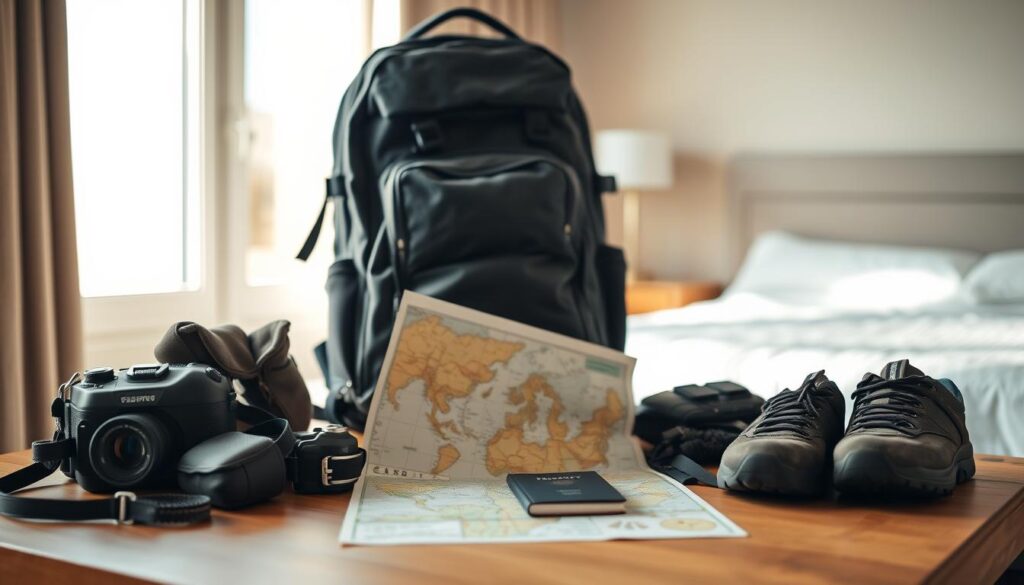 A solo traveler's backpack sits atop a wooden table, surrounded by an array of neatly organized travel essentials. Crisp natural lighting filters through a window, casting a warm glow on the scene. In the middle ground, a map, a passport, and a pair of well-worn hiking boots create a sense of adventure and exploration. The background is blurred, suggesting a cozy, minimalist hotel room or apartment, hinting at the comforts and safety of a solo travel lifestyle. The overall mood is one of preparation, efficiency, and the excitement of an imminent journey.