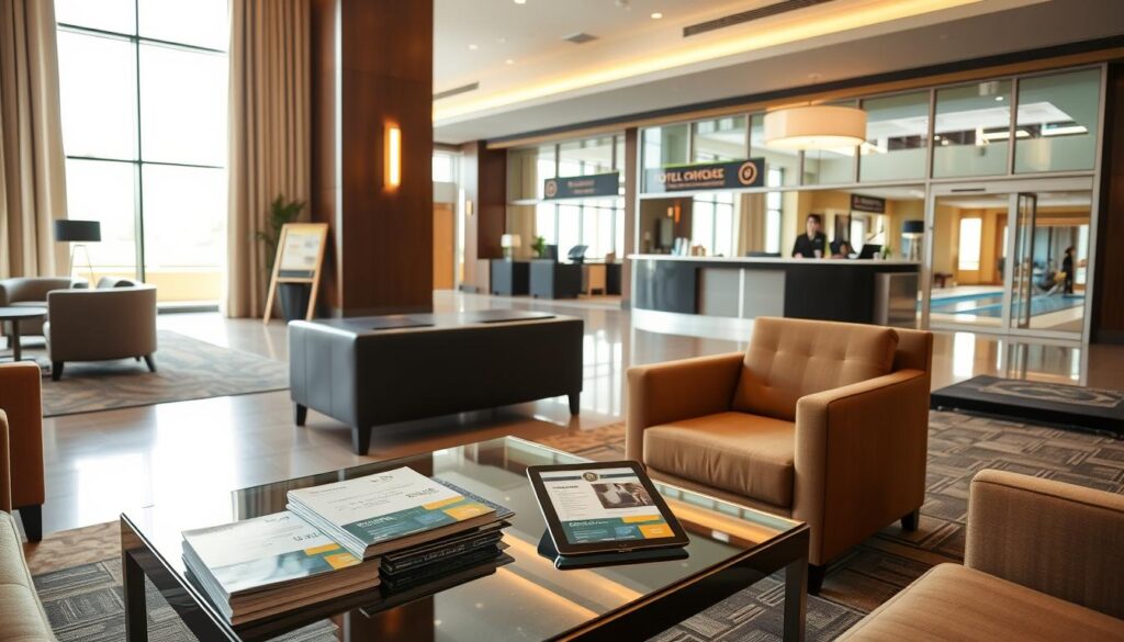 A spacious and modern airport hotel lobby, bathed in warm lighting from large windows. In the foreground, a stylish lounge area with plush armchairs and a glass-topped coffee table. On the table, a stack of hotel loyalty program brochures and a tablet displaying rewards program details. In the middle ground, a reception desk with a friendly concierge assisting guests. The background features hotel amenities like a fitness center and indoor pool, visible through glass walls. The overall atmosphere conveys a sense of convenience, comfort, and the value of hotel loyalty program benefits for travelers staying near the airport.