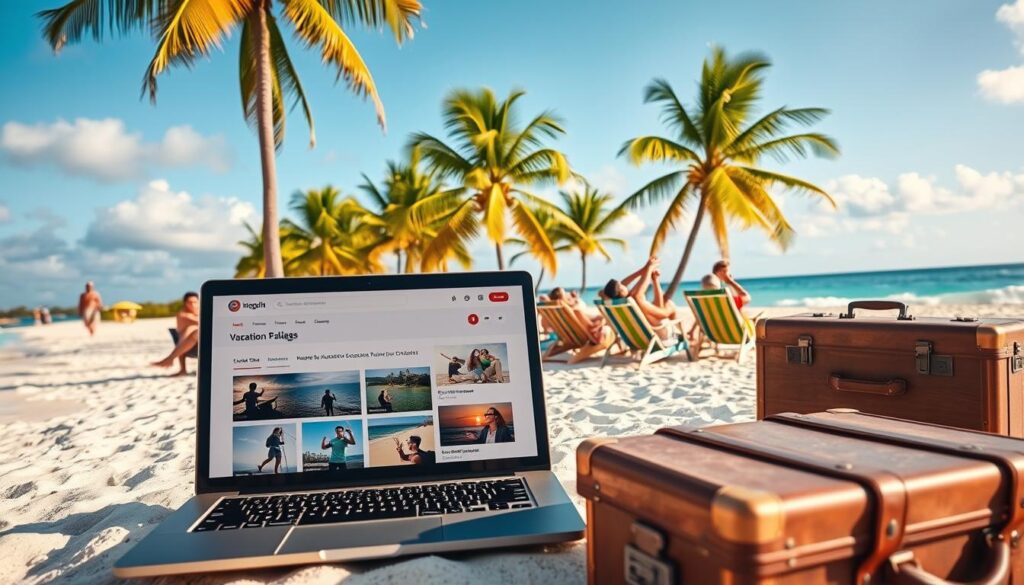 A sun-drenched tropical beach with swaying palm trees, crystal-clear waters lapping at the shore, and a group of cheerful travelers lounging on colorful beach chairs, lost in the moment. In the foreground, a laptop displays a range of discount vacation packages, enticing the viewer with tantalizing deals. The scene is bathed in warm, golden light, creating a sense of relaxation and escapism. A vintage-style suitcase sits nearby, hinting at the adventures to come. The overall atmosphere is one of carefree exploration and the promise of unforgettable experiences, capturing the essence of a "Discount Vacation Packages: When They're Worth It" experience.