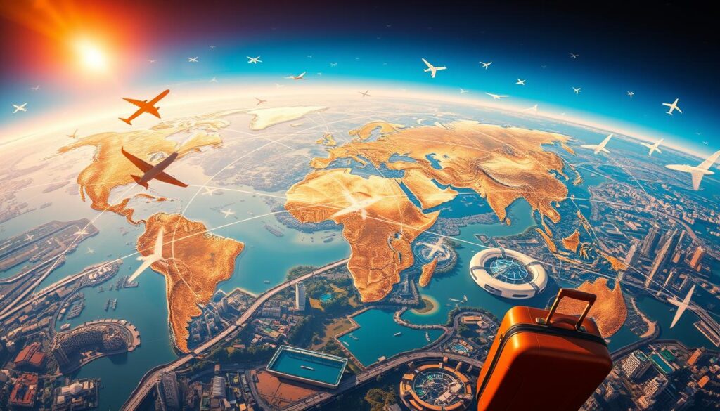 A sweeping aerial view of the globe, illuminated by a warm, golden light. In the foreground, a diverse array of travel icons, including airplane silhouettes, hotel symbols, and suitcases, float in a dreamlike, ethereal space. The middle ground features a network of interconnected flight paths and train routes, crisscrossing continents and oceans. In the background, a kaleidoscope of vibrant city skylines, tropical beaches, and snow-capped mountains create a sense of global connectivity and the vast possibilities of travel. The overall composition conveys a mood of excitement, adventure, and the thrill of discovering new destinations, with a tinge of wanderlust and the promise of irresistible travel deals.