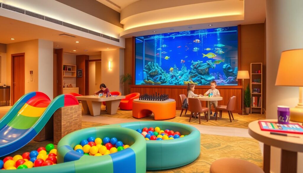 A vibrant and cheerful hotel lobby filled with engaging kid-friendly amenities. In the foreground, a slide and a ball pit invite playful exploration. In the middle ground, a life-size chess set and an activity table with arts and crafts supplies encourage interactive family fun. The background features a large aquarium teeming with colorful, whimsical sea creatures. Warm, soft lighting creates a cozy, inviting atmosphere, while the clean, modern design aesthetic reflects a family-friendly ambiance. The space is designed to captivate and delight young travelers, ensuring a memorable and enjoyable hotel experience.