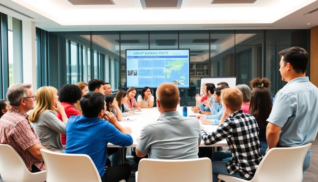 A vibrant, bustling scene of a group booking event, set in a modern, well-lit conference room. In the foreground, a diverse group of people, adults and children, engage in animated discussions around a large table, gesturing and exchanging ideas. The middle ground features a presentation screen displaying travel itinerary details, surrounded by attentive participants taking notes. The background showcases an expansive window, allowing natural light to flood the space and create a warm, inviting atmosphere. The overall mood is one of collaborative planning, excitement, and anticipation for the upcoming group travel adventure.