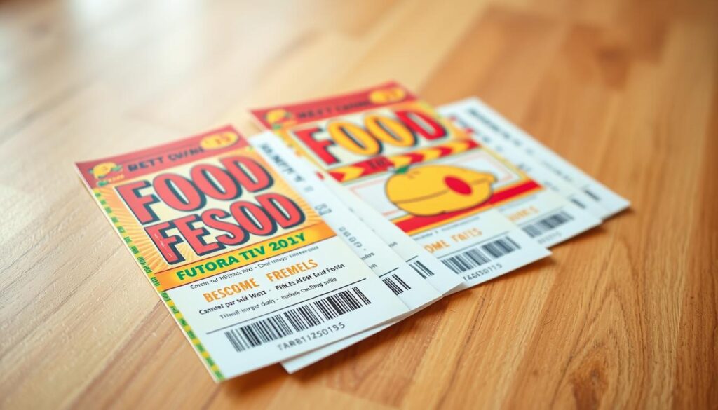A vibrant, high-quality photo of food festival tickets laid out on a wooden table, with a clean, minimalistic background. The tickets feature bold, eye-catching designs with vivid colors and patterns, hinting at the diverse culinary delights of the upcoming festival. The lighting is soft and warm, creating a welcoming and enticing atmosphere. The image is captured at a medium-close angle, focusing on the intricate details of the tickets while leaving ample negative space to emphasize their importance. The overall composition is balanced and harmonious, drawing the viewer's attention to the essential elements of the scene.