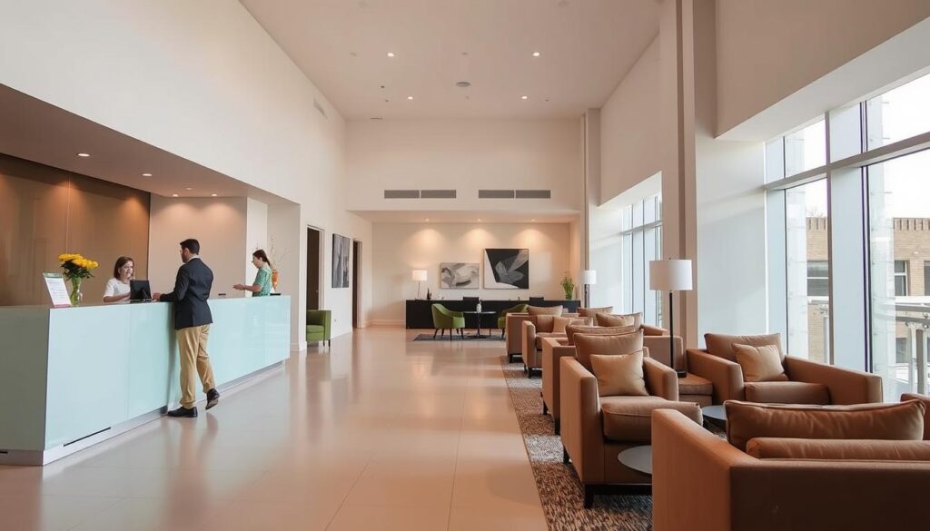 A well-lit hotel lobby with a modern, minimalist design. In the foreground, a person is standing at the front desk, speaking to a hotel staff member. The desk is made of sleek, glass-like material, with a subtle hotel logo displayed. The lobby features comfortable seating areas with plush, upholstered chairs and sofas, arranged in a cozy, inviting layout. The walls are adorned with simple, abstract artwork, creating a calming atmosphere. Large windows allow natural light to flood the space, and the floor is composed of smooth, polished tiles. The overall ambiance conveys a sense of flexibility and ease, reflecting the hotel's commitment to hassle-free booking and cancellation policies.