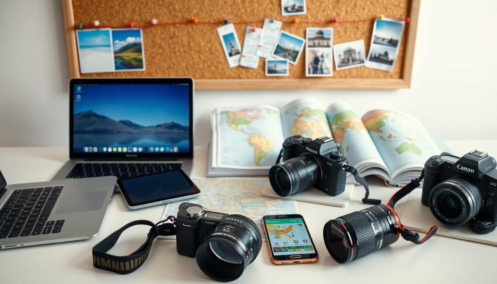 A well-lit workspace with a variety of digital devices and travel planning tools laid out on a clean, minimalistic desktop. In the foreground, a modern laptop, a high-quality camera, and a smartphone displaying travel app interfaces. In the middle ground, a tablet, a guidebook, and a physical map unfolded, suggesting both digital and analog planning methods. The background features a frameless corkboard with colorful pushpins, travel tickets, and inspirational destination photos, creating a sense of organization and exploration. Soft, diffused lighting illuminates the scene, giving it a professional, yet inviting atmosphere.