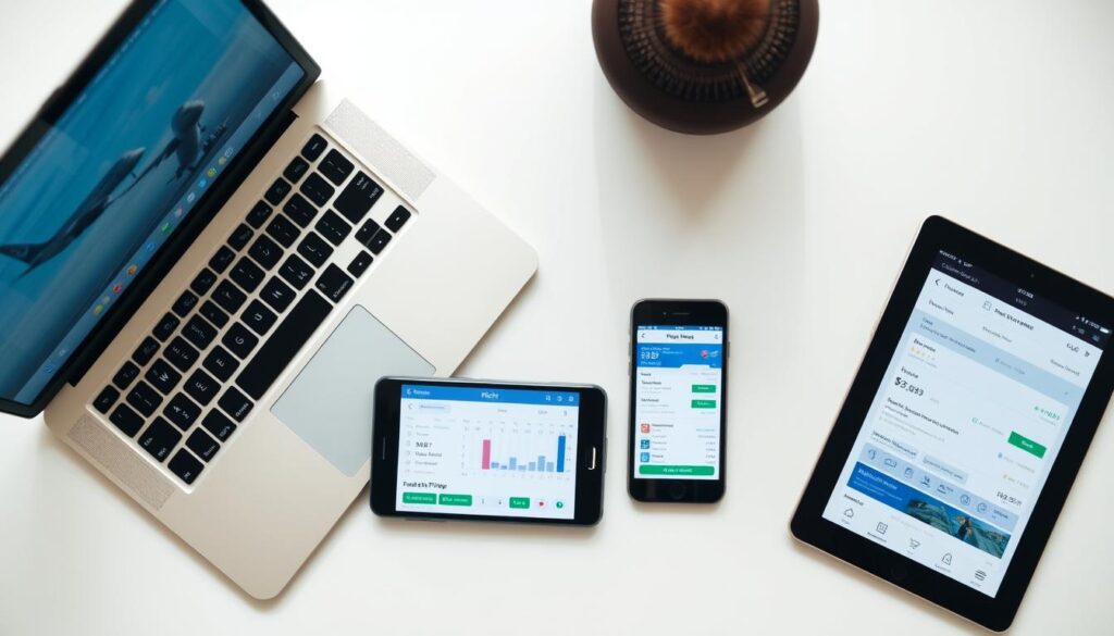 An overhead view of a desktop workspace with a laptop, smartphone, and tablet displaying various flight booking apps. The devices are arranged neatly, with a minimalist, modern aesthetic. The lighting is soft and natural, creating a calm, focused atmosphere. The background is blurred, creating a shallow depth of field and drawing the viewer's attention to the essential tools for securing last-minute flights. The devices' screens display flight search results, booking pages, and notifications, conveying the efficiency and convenience of these digital resources.
