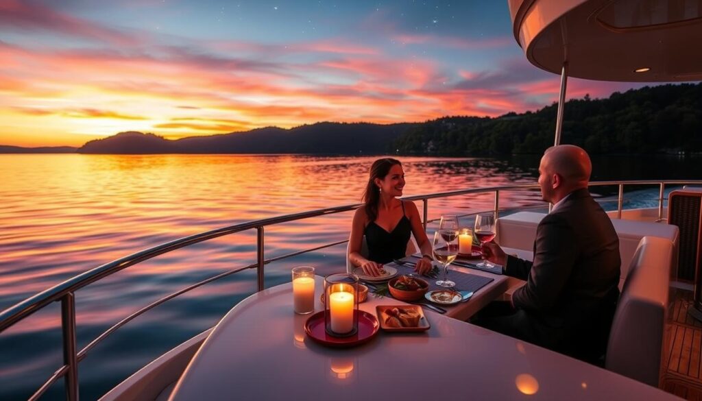 Romantic dinner cruise on a serene lake at sunset. Elegant couple sitting at a candlelit table on the deck of a luxurious yacht, enjoying fine cuisine and sipping wine. Soft lighting, warm tones, and reflections in the still water create a cozy, intimate atmosphere. The yacht gently glides past lush, verdant shorelines as the sky transitions from vibrant oranges and pinks to a deep, starry blue. A sense of tranquility and romance permeates the scene.